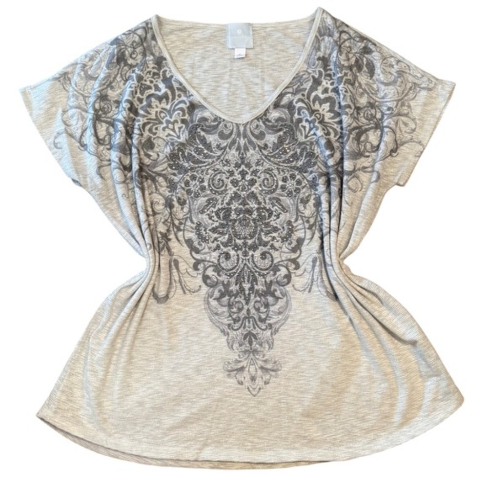 Y2K Embellished Tee Shirt Gray Burnout Grunge Rhinestone Fleur De Lis Size XL